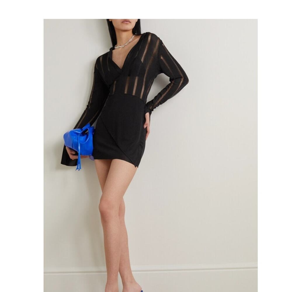 GAUGE81 Black Beni Draped Recycled Open-Knit Mini Shirt Dress Size XS